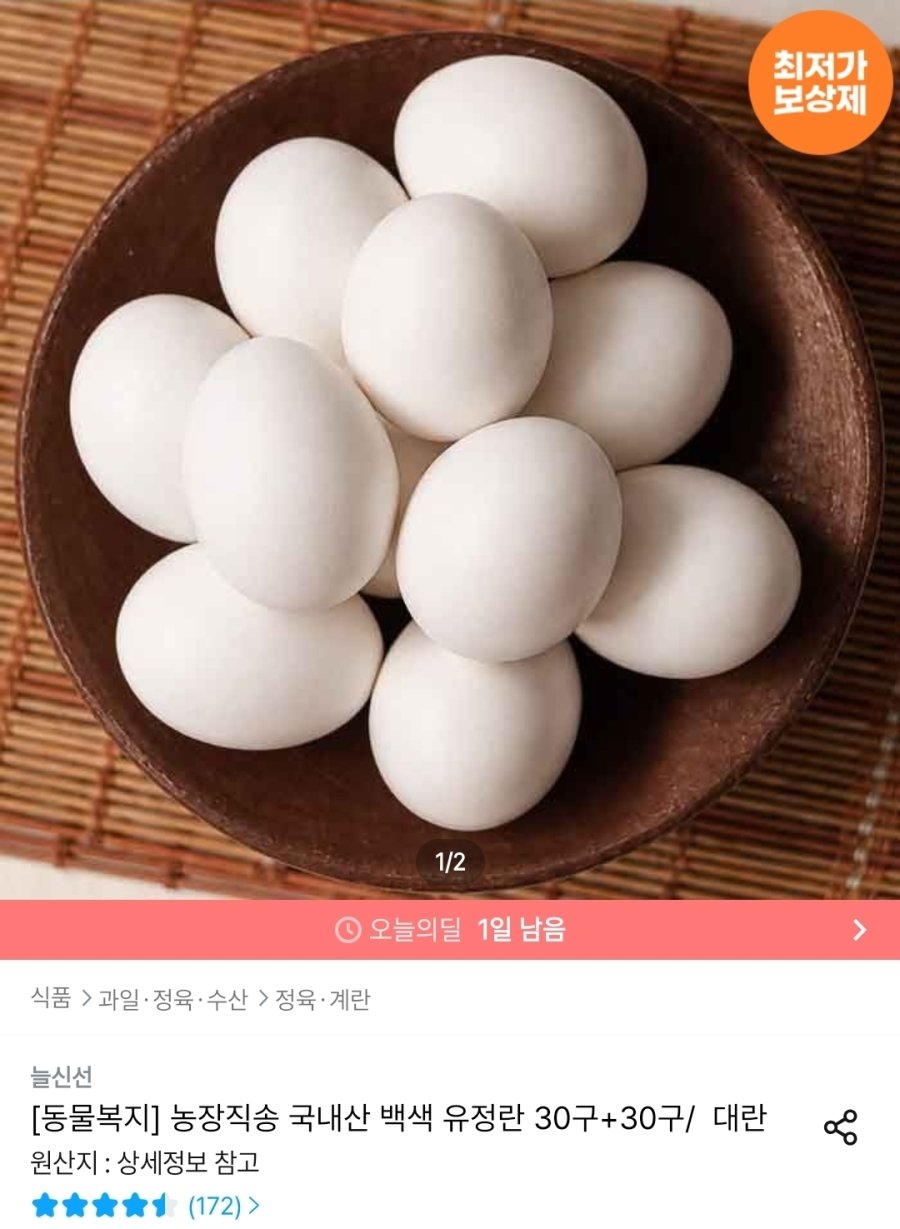 [오늘의집] 동물복지 국내산 백색 유정란 대란 30구 + 30구