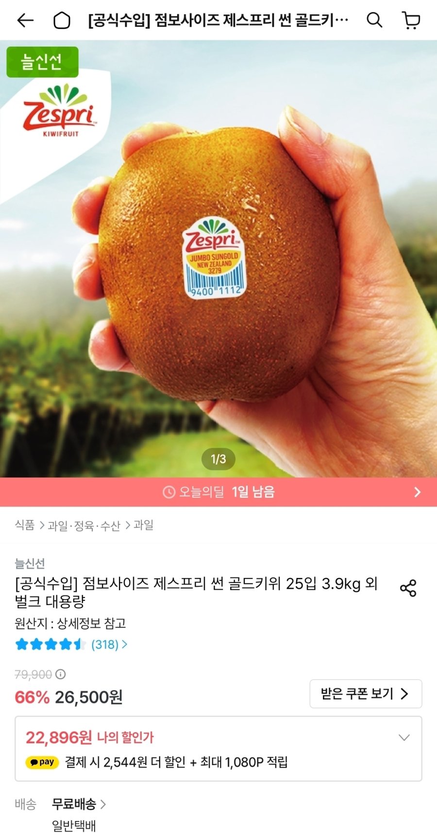 [오늘의집] 제스프리 썬 골드키위 점보사이즈 25입 3.9kg